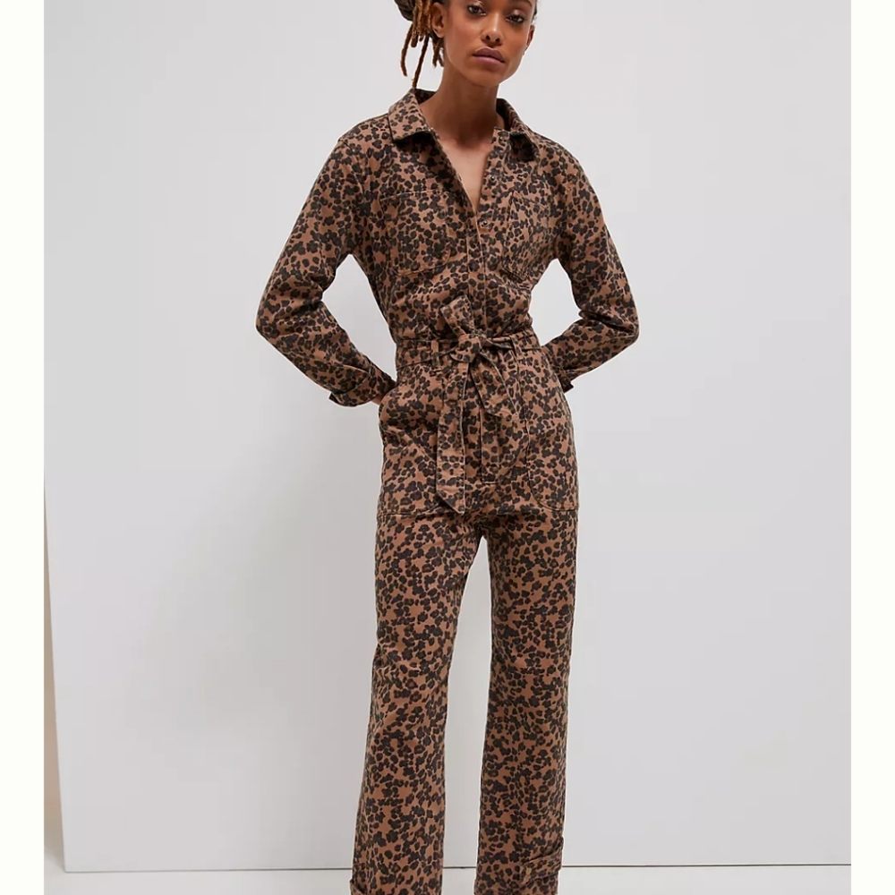 Leopard print denim jumpsuit